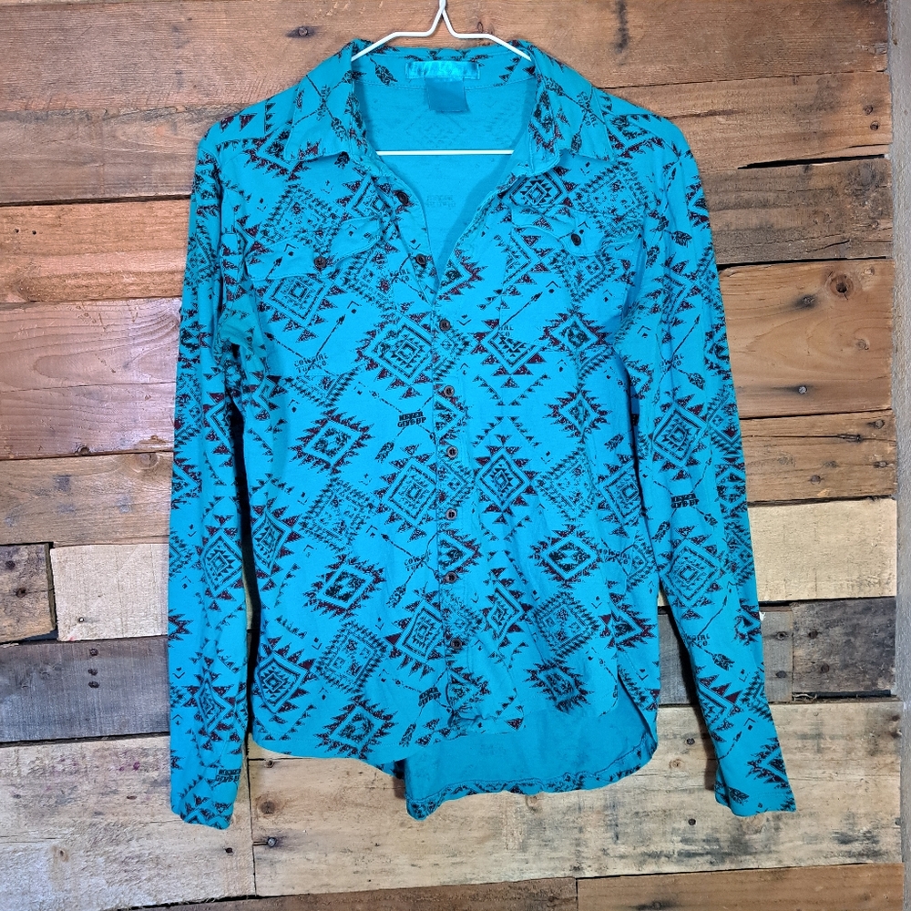 Cowgirl Tuff Pullover Button-up Shirt Turquoise and Red size small